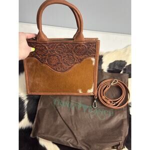 Trinity Ranch Cow Hide & Brown Leather Crossbody Tote Handbag Pocketbook Strap